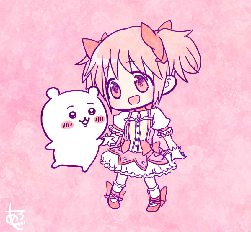 1girl, aroze, bear, bow, bow_choker, buttons, center_frills, chest_jewel, chibi, chiikawa, chiikawa_(character), choker, commentary_request, dress, footwear_bow, frilled_dress, frilled_skirt, frilled_sleeves, frilled_socks, frills, gloves, hair_bow, highres, holding_hands, kaname_madoka, kneehighs, light_blush, light_particles, long_shirt, looking_at_animal, magical_girl, mahou_shoujo_madoka_magica, mahou_shoujo_madoka_magica_(anime), miniskirt, open_mouth, pink_background, pink_dress, pink_eyes, pink_gemstone, pink_hair, pink_theme, puffy_short_sleeves, puffy_sleeves, red_bow, red_choker, red_footwear, shoes, short_hair, short_sleeves, short_twintails, signature, skirt, skirt_under_dress, smile, socks, square_neckline, standing, tareme, twintails, waist_bow, white_gloves, white_skirt, white_sleeves, white_socks