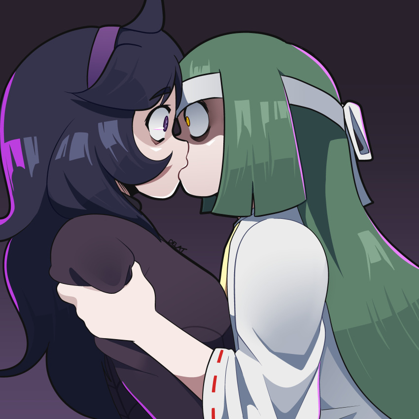2girls, absurdres, ahoge, artist_name, bags_under_eyes, black_background, black_hair, channeler_(pokemon)