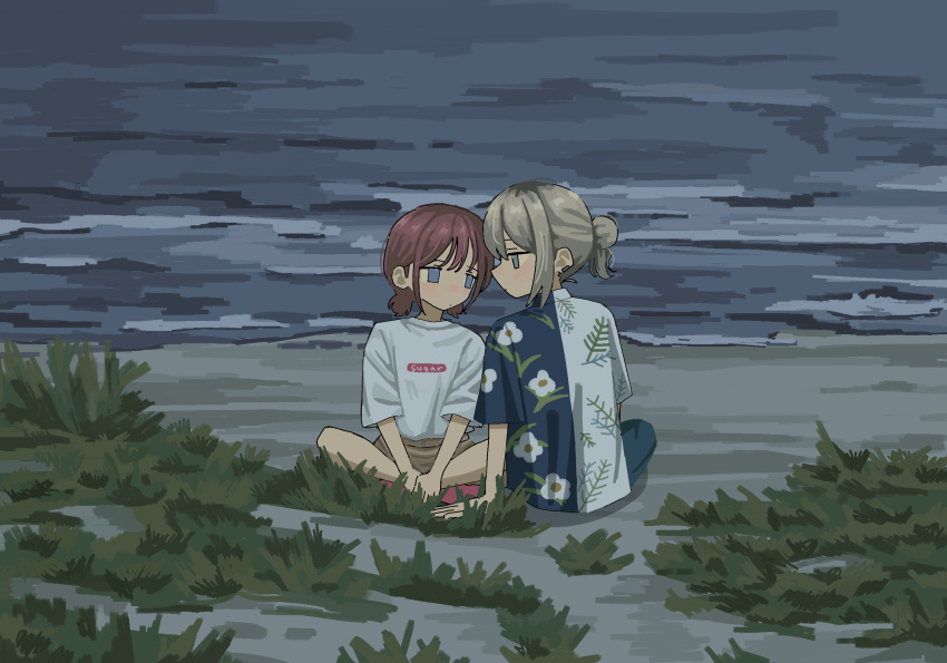 2girls, beach, blue_eyes, blush, brown_shorts, chuchu_(uglydog_zip), closed_mouth, commentary, english_commentary, floral_print, girls_band_cry, grass, grey_eyes, grey_hair, hair_up, highres, iseri_nina, kawaragi_momoka, looking_at_another, multicolored_hair, multiple_girls, night, ocean, outdoors, print_shirt, redhead, roots_(hair), shirt, short_sleeves, short_twintails, shorts, sitting, twintails, two-tone_shirt, white_shirt