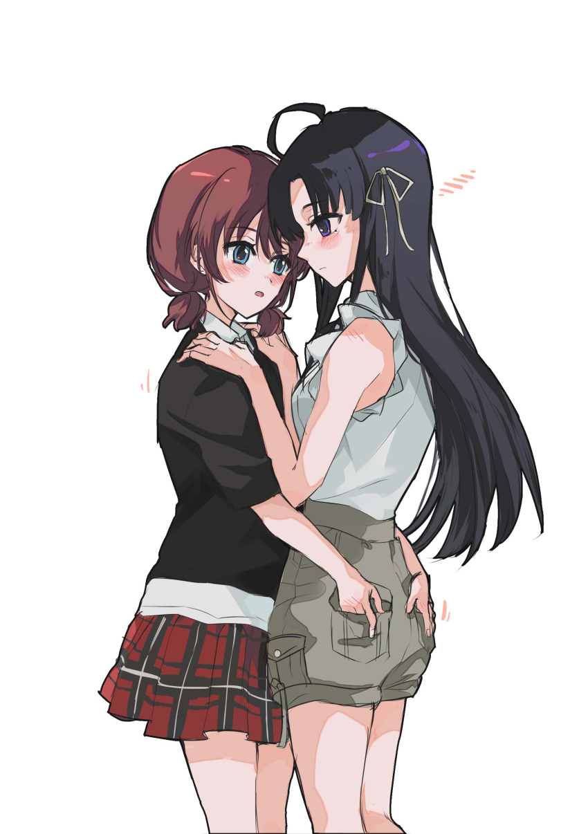 2girls, absurdres, ahoge, artist_request, awa_subaru, black_hair, black_ribbon, black_shirt