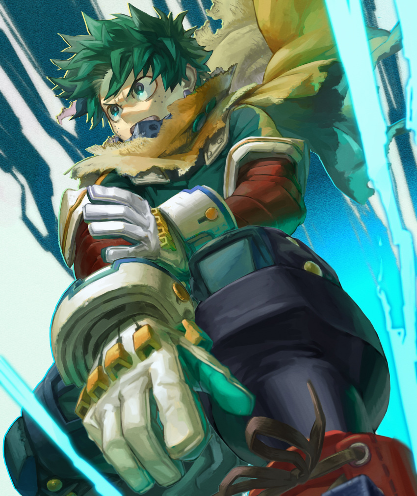 1boy, absurdres, aqua_bodysuit, aqua_gloves, background_request, blue_background, blue_outline, boku_no_hero_academia