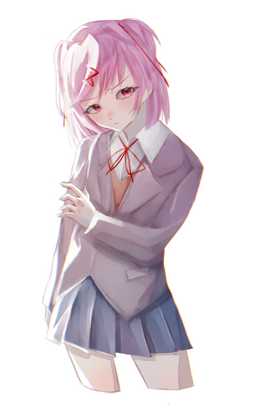 1girl, 393_(rj9kjsr7od32618), :/, annoyed, arm_at_side, blazer, blue_skirt, blush