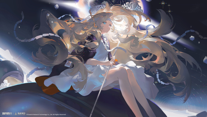 1girl, black_coat, black_hole, blonde_hair, blue_eyes, coat, copyright_name, copyright_notice