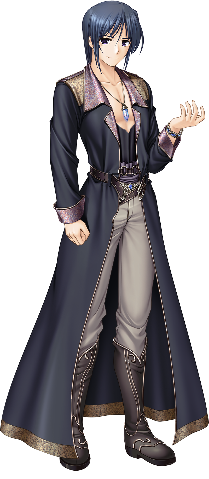 1boy, aiyoku_no_eustia, bare_pectorals, bekkankou, black_coat, black_eyes, black_hair, boots, bracelet, brown_footwear, closed_mouth, coat, collarbone, crystal_necklace, full_body, grey_pants, hand_up, highres, jewelry, long_coat, looking_at_viewer, necklace, official_art, open_clothes, open_coat, pants, pectorals, short_hair, siegfried_grado, simple_background, smile, solo, standing, tachi-e, transparent_background