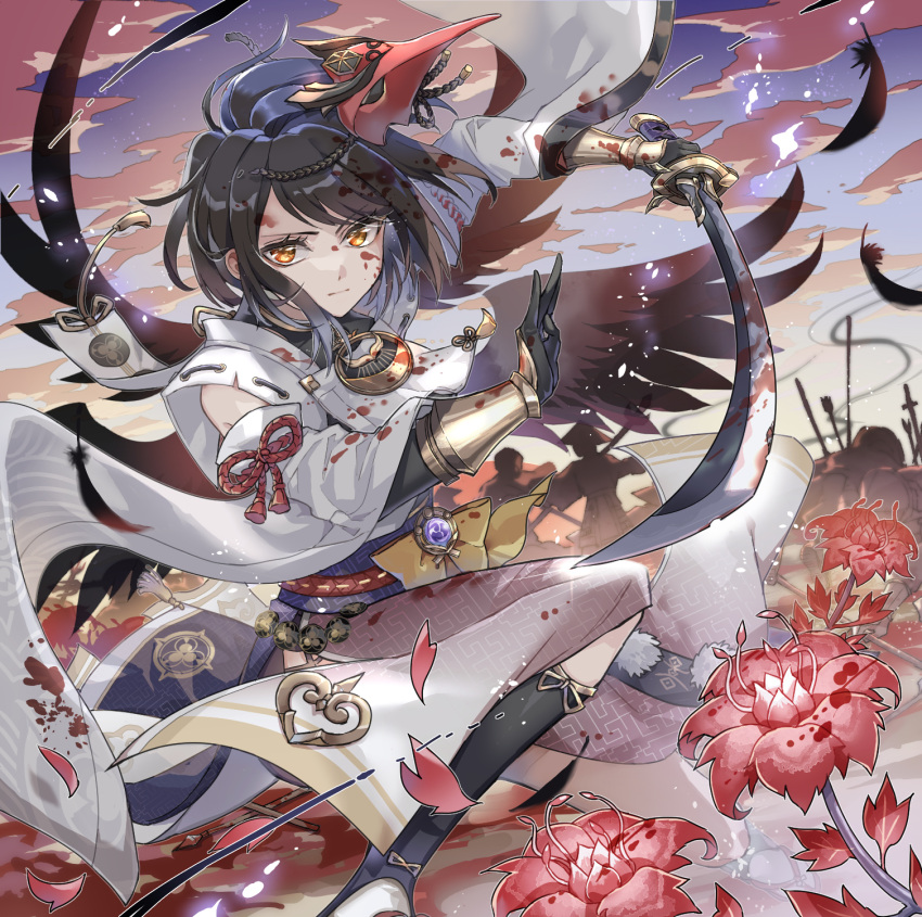 1girl, arrow_(projectile), bird_mask, black_bodysuit, black_gloves, black_hair, blood, blood_on_clothes