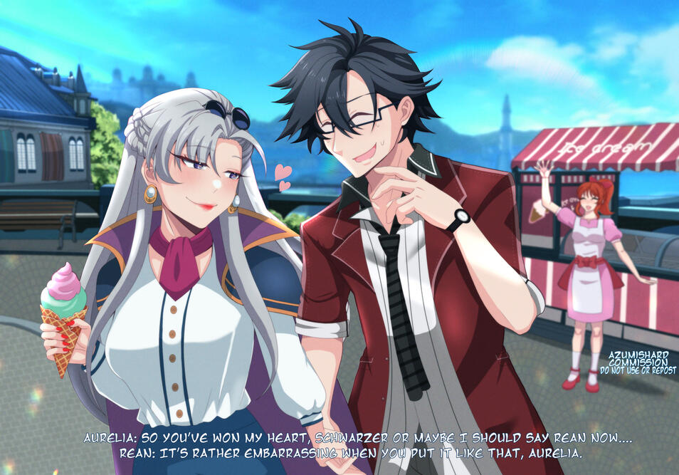 1boy, 2girls, ahoge, aurelia_le_guin, azumishard, bench, black_hair, bow