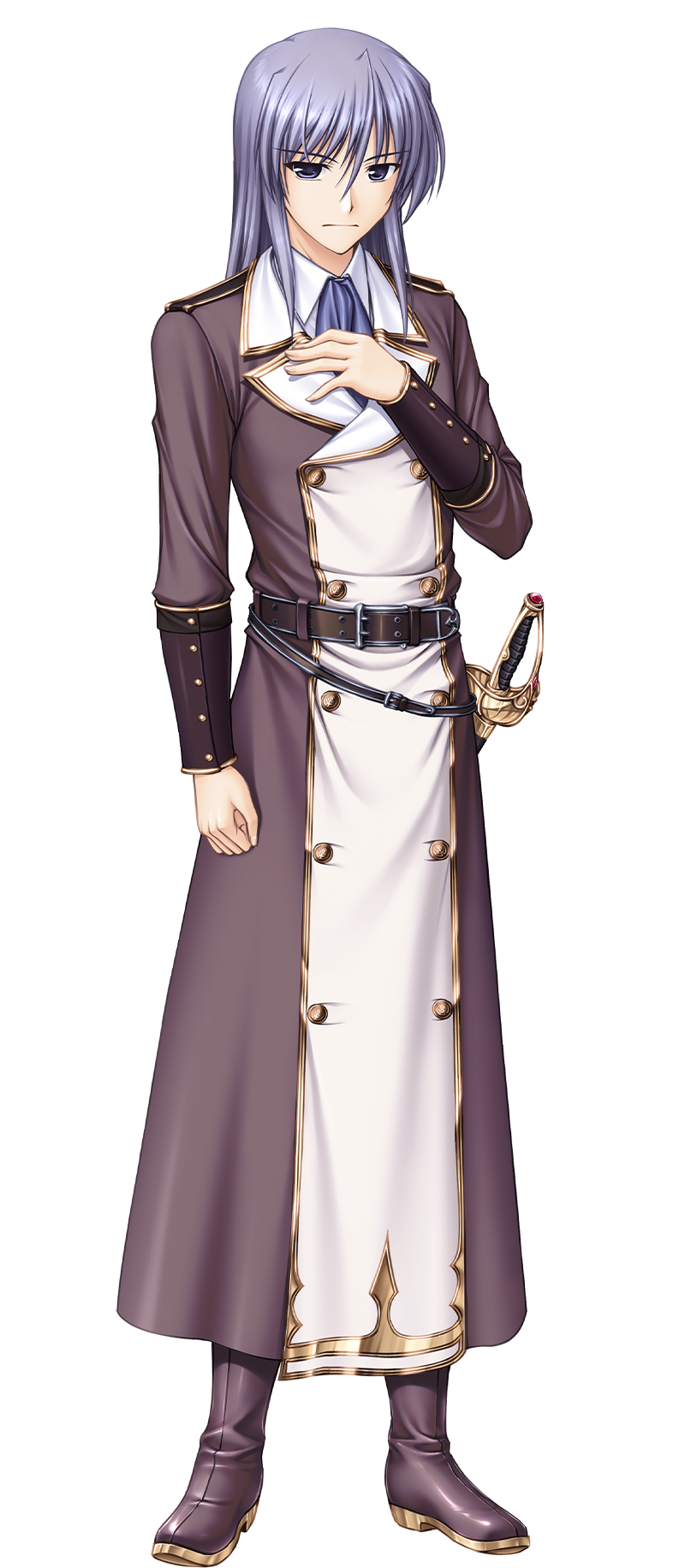 1boy, aiyoku_no_eustia, ascot, bekkankou, belt, black_eyes, blue_ascot, boots, bracer, brown_belt, brown_coat, brown_footwear, buttons, closed_mouth, coat, collared_coat, double-breasted, full_body, hand_on_own_chest, highres, lang_scrope, long_hair, looking_at_viewer, multicolored_coat, official_art, purple_hair, sheath, sheathed, simple_background, solo, standing, sword, tachi-e, transparent_background, two-tone_coat, weapon, white_coat