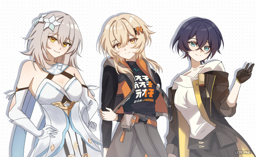 3girls, absurdres, aqua_eyes, artist_name, bare_shoulders, belle_(zenless_zone_zero), belle_(zenless_zone_zero)_(cosplay), black_gloves, black_jacket, black_shirt, blonde_hair, blue_eyes, breasts, clothes_writing, collarbone, cosplay, costume_switch, dress, elbow_gloves, english_commentary, flower, genshin_impact, gloves, grey_hair, hair_flower, hair_ornament, highres, honkai:_star_rail, honkai_(series), jacket, leafiane, looking_at_viewer, lumine_(genshin_impact), lumine_(genshin_impact)_(cosplay), medium_breasts, medium_hair, mihoyo, multiple_girls, shirt, short_hair, short_hair_with_long_locks, simple_background, smile, stelle_(honkai:_star_rail), stelle_(honkai:_star_rail)_(cosplay), trailblazer_(honkai:_star_rail), upper_body, white_dress, white_gloves, white_shirt, yellow_eyes, zenless_zone_zero