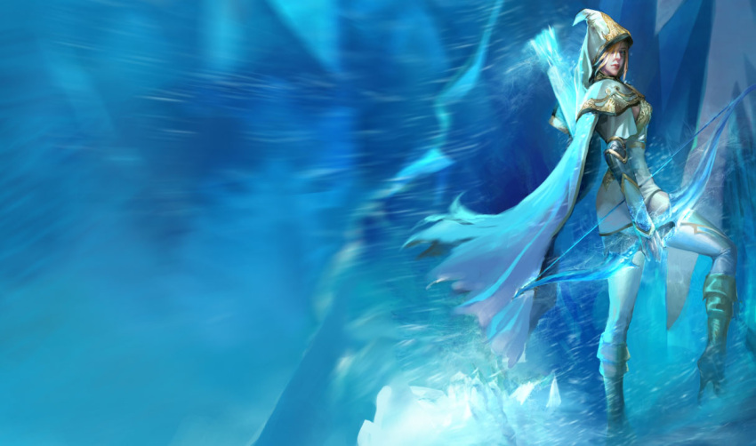 akizhao, ashe(league_of_legends), ashe_(league_of_legends), boots, bow, bow_(weapon), cape, hood