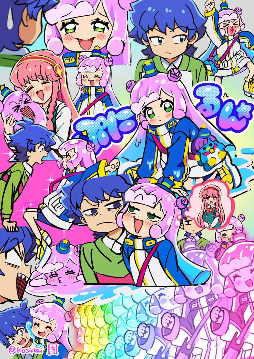 >o<, 1boy, 2girls, :d, annoyed, aqua_dress, artist_name, bag, bags_under_eyes, bike_shorts, blue_eyes, blue_hair, blue_hat, blue_jacket, blue_shorts, blush, bow, braid, closed_eyes, closed_mouth, collared_shirt, commentary_request, double_bun, dress, gradient_hair, green_eyes, green_sweater, hair_bun, hairband, hat, highres, jacket, kawaii_kotarou, kingin, kirara_mami, long_hair, long_sleeves, mini_hat, mini_top_hat, monster_girl, multicolored_clothes, multicolored_hair, multicolored_jacket, multiple_girls, multiple_views, o3o, open_mouth, pink_bow, pink_hair, puniru_(puniru_wa_kawaii_slime), puniru_wa_kawaii_slime, purple_hair, rainbow_order, red_eyes, red_hairband, shirt, shorts, shoulder_bag, sidelocks, slime_(substance), slime_girl, smile, smug, sweater, top_hat, twin_braids, twitter_username, v-shaped_eyebrows, very_long_hair, white_jacket, white_shirt, yellow_footwear, yellow_jacket