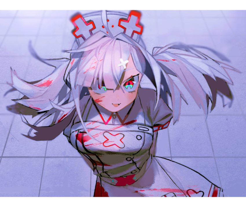 1girl, arms_behind_back, blood, blood_in_hair, blood_on_clothes, blood_on_face, blush, border