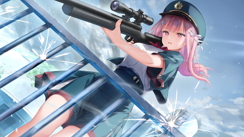 1girl, absurdres, day, dutch_angle, game_cg, gun, hair_ornament, hair_ribbon