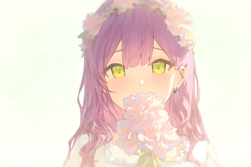 1girl, alternate_costume, alternate_hairstyle, bliss_htt, blush, covering_own_mouth, ear_piercing, flower