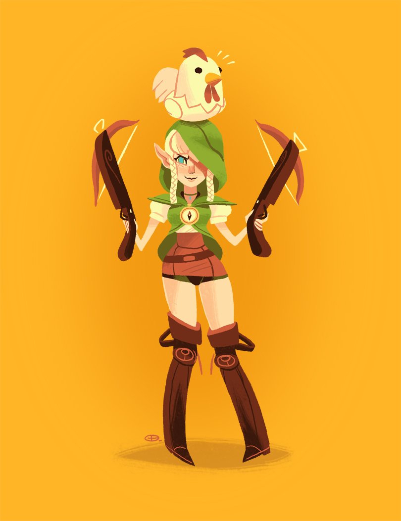 1girl, animal, animal_on_head, belt, bird, bird_on_head, blonde_hair, blue_eyes, boots, braid, braided_sidelock, brown_footwear, commentary, crossbow, cucco, dual_wielding, english_commentary, full_body, glen_brogan, holding, holding_crossbow, holding_weapon, hood, hood_up, hyrule_warriors, jewelry, linkle, looking_at_viewer, necklace, on_head, one_eye_covered, orange_background, pointy_ears, shadow, simple_background, standing, the_legend_of_zelda, twin_braids, weapon