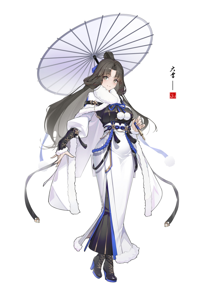 1girl, absurdres, black_footwear, black_hair, boots, breasts, brown_hair, chinese_clothes