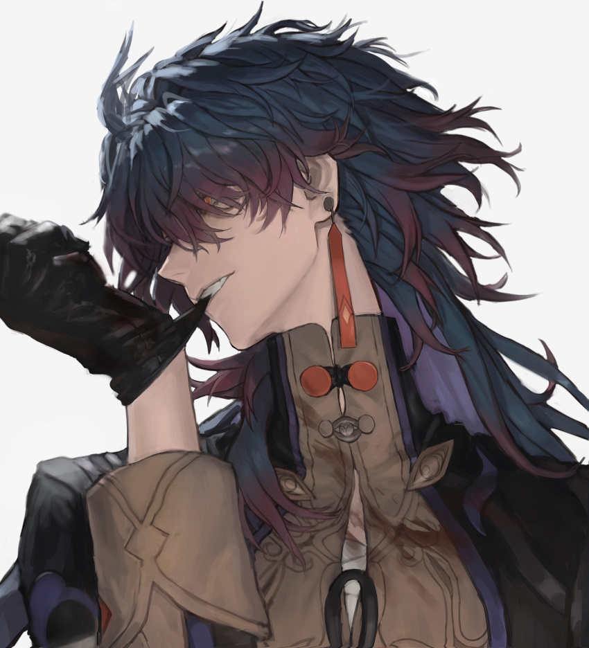 1boy, adjusting_clothes, adjusting_gloves, biting, biting_glove, black_hair, blade_(honkai:_star_rail), blood