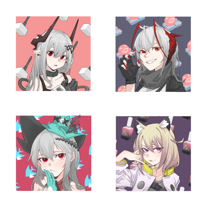 4girls, animal_ear_fluff, animal_ears, antenna_hair, arknights, arm_up, bare_shoulders, black_gloves