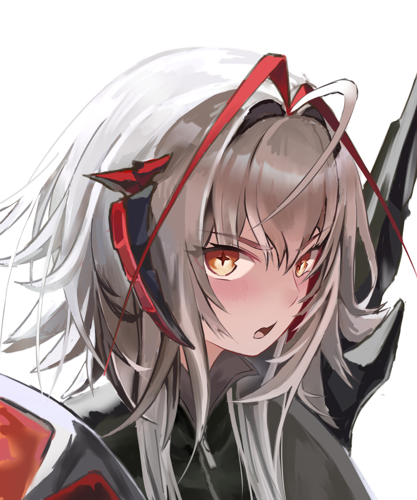 1girl, absurdres, antenna_hair, arknights, black_jacket, blush, chinese_commentary, close-up