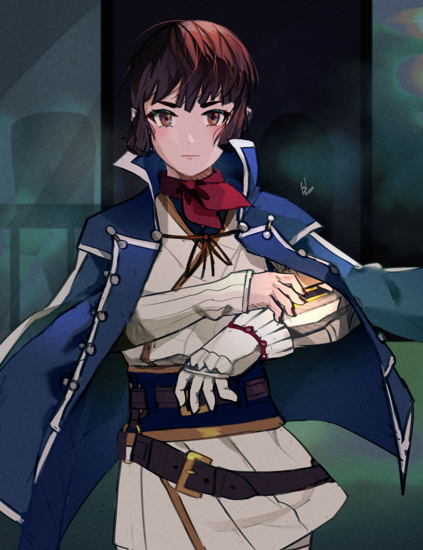 1girl, absurdres, belt, blue_jacket, blue_sash, brown_eyes, brown_hair, commentary
