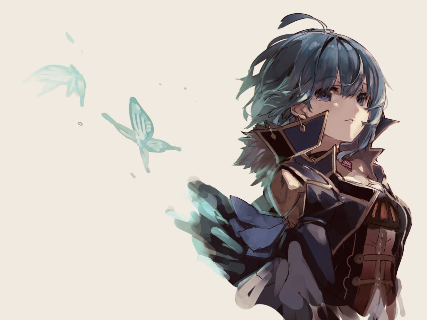 1girl, ahoge, black_dress, blue_eyes, blue_hair, breasts, bug, butterfly, collar, dress, fam_(grimms_notes), glowing_butterfly, gold_trim, grey_background, grimms_notes, highres, hosato_mikine, jewelry, looking_at_viewer, medium_breasts, short_hair, simple_background, solo, wide_sleeves