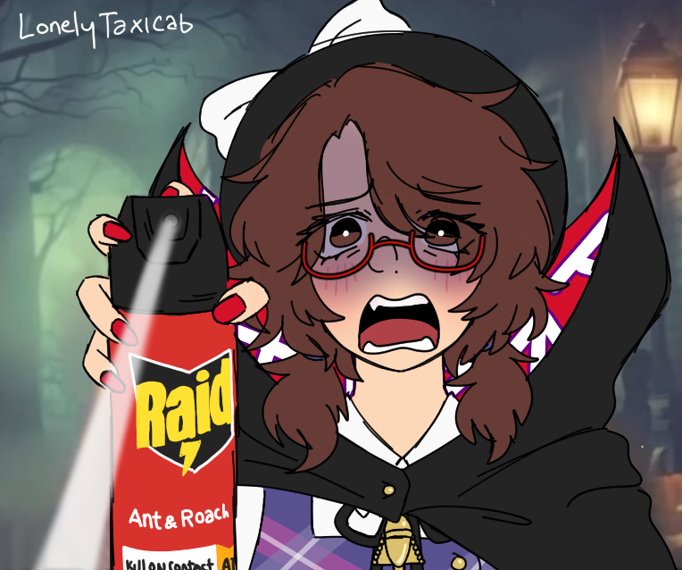 1girl, aerosol, black_cloak, black_hat, bow, bright_pupils, brown_eyes, brown_hair, bug_spray, cloak, collared_shirt, glasses, green_background, hat, hat_bow, high_collar, lamppost, lonelytaxicab, looking_at_viewer, low_twintails, medium_hair, meme, open_mouth, plaid_clothes, plaid_vest, purple_vest, quimbaya_airplane, red-framed_eyewear, red_nails, semi-rimless_eyewear, shirt, solo, spray_can, touhou, twintails, under-rim_eyewear, upper_body, usami_sumireko, vest, victor_van_dort_spraying_raid_and_screaming_(meme), white_bow, white_shirt