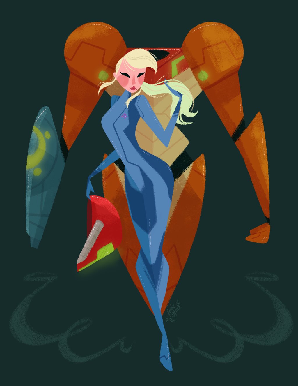 1girl, blonde_hair, blue_bodysuit, blush_stickers, bodysuit, commentary, english_commentary, full_body, helmet, highres, holding, holding_helmet, long_hair, metroid, nokkinatter, ponytail, power_suit_(metroid), samus_aran, second-party_source, solo, standing, unworn_headwear, unworn_helmet, zero_suit