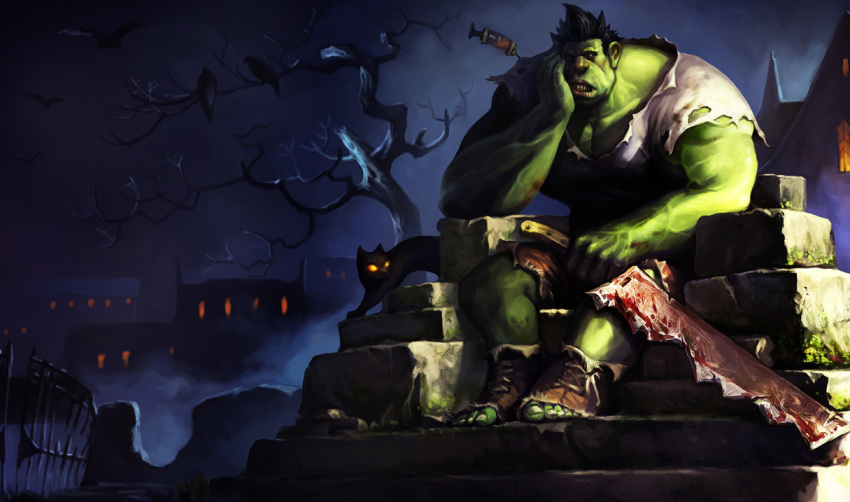 car, cat, cleaver, dr.mundo, dr_mundo, green_skin, league_of_legends, needle, official_art, syringe, tree, weapon