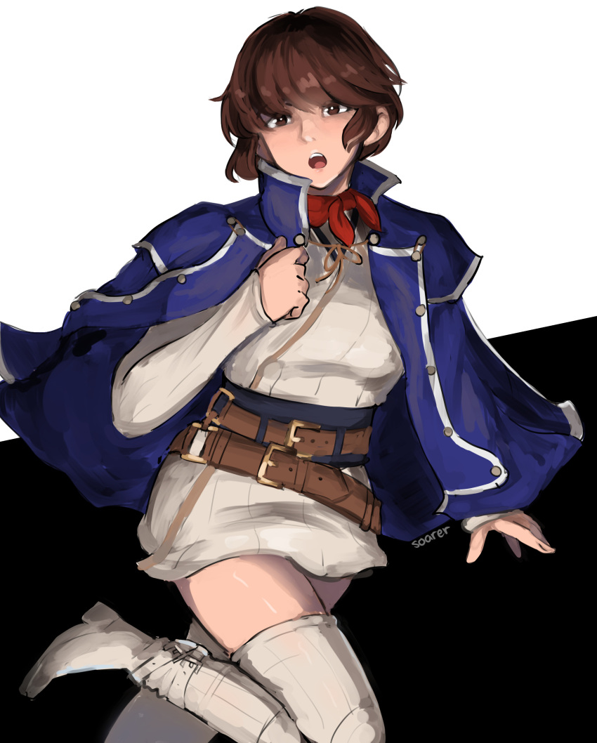 absurdres, artist_name, belt, black_background, blue_jacket, blue_sash, brown_eyes, brown_hair