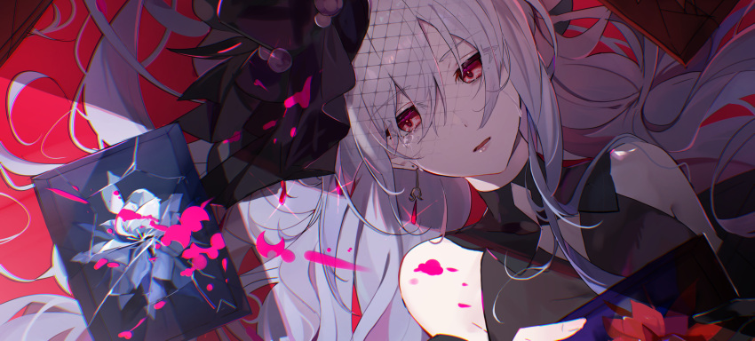 1girl, absurdres, angst, averting_eyes, bare_shoulders, broken_picture_frame, crying, earrings, flower, glint, gloves, grey_hair, hair_between_eyes, hair_spread_out, highres, holding, honkai:_star_rail, honkai_(series), jewelry, jingliu_(honkai:_star_rail), long_hair, looking_at_object, looking_to_the_side, lying, on_back, paint_splatter, parted_lips, red_eyes, single_glove, solo, tautani, tears, upper_body, very_long_hair