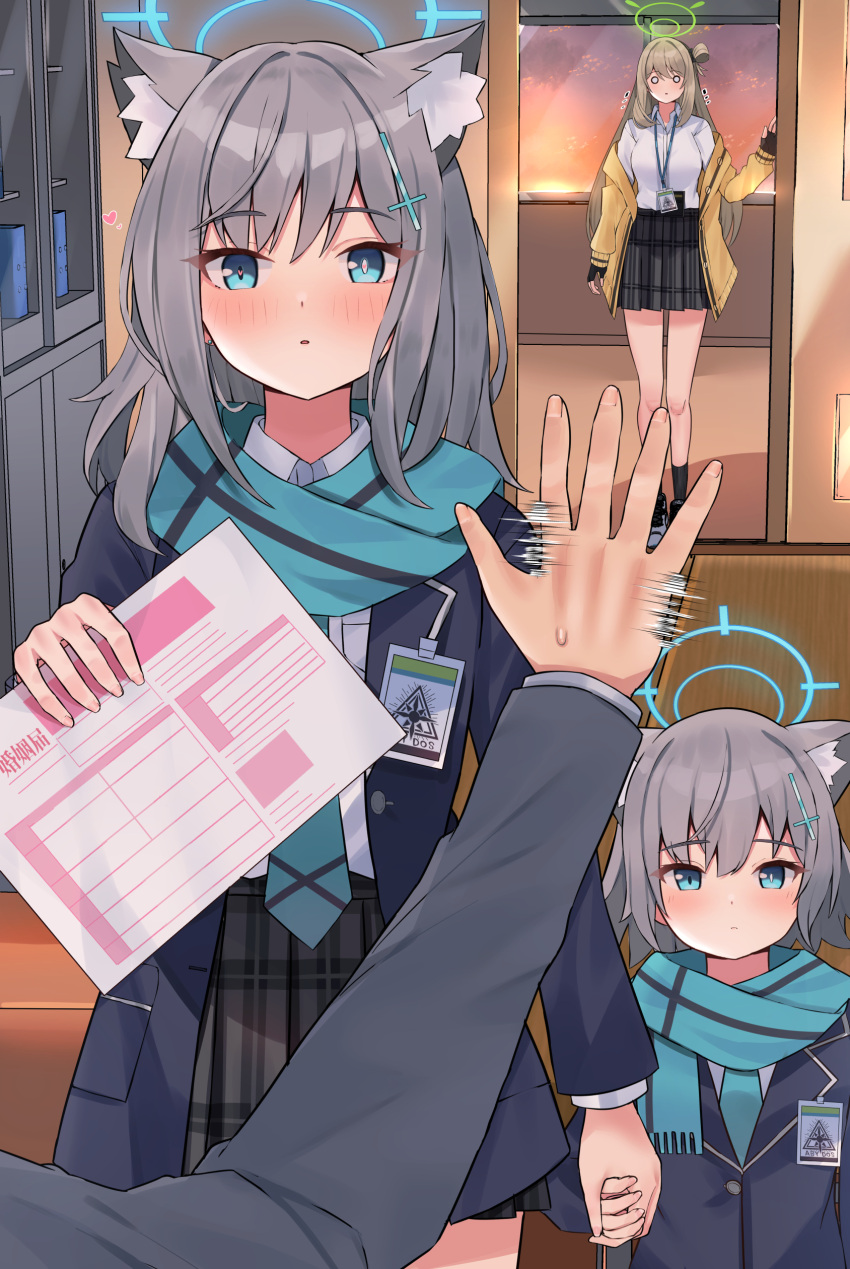 3girls, absurdres, animal_ear_fluff, animal_ears, aqua_scarf, black_gloves, black_jacket, black_ribbon