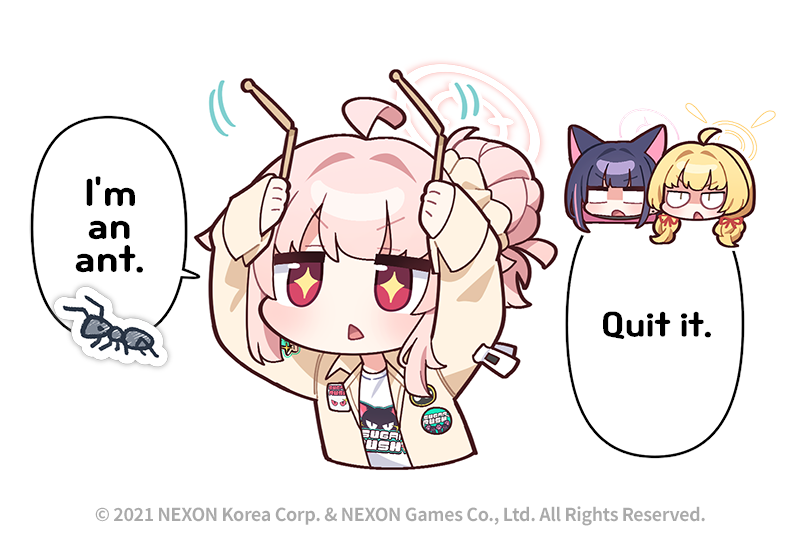 3girls, ahoge, animal_ears, ant, blue_archive, blunt_bangs, bug, cat_ears