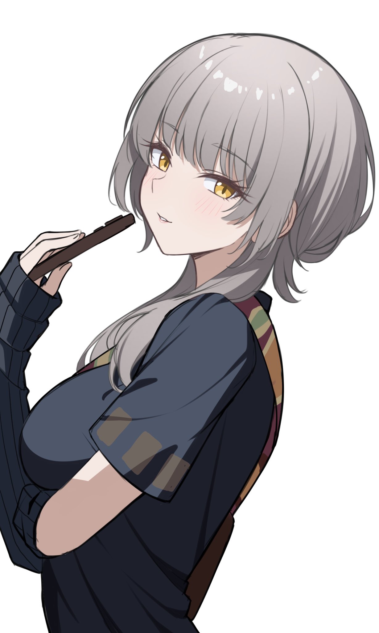 1girl, black_arm_warmers, black_shirt, breasts, character_request, commentary, from_side, green_eyes