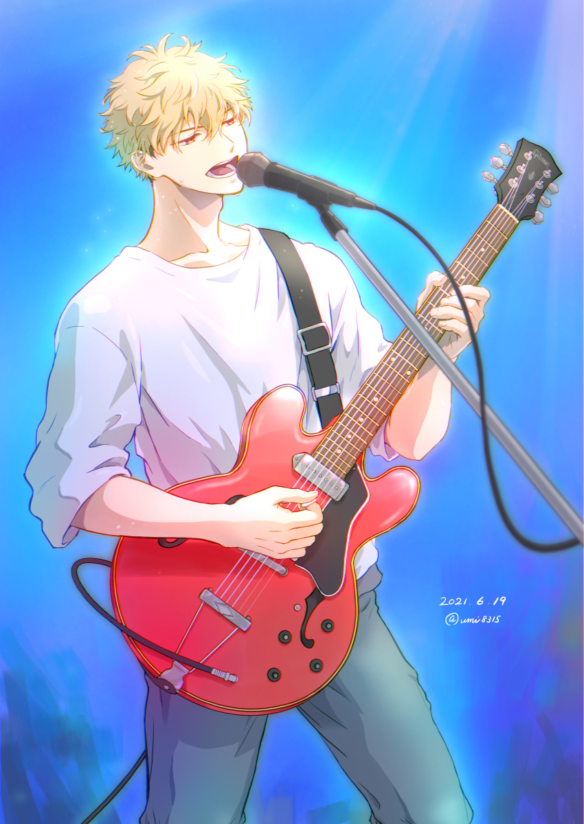 1boy, absurdres, blue_background, feet_out_of_frame, given, green_hair, highres, holding