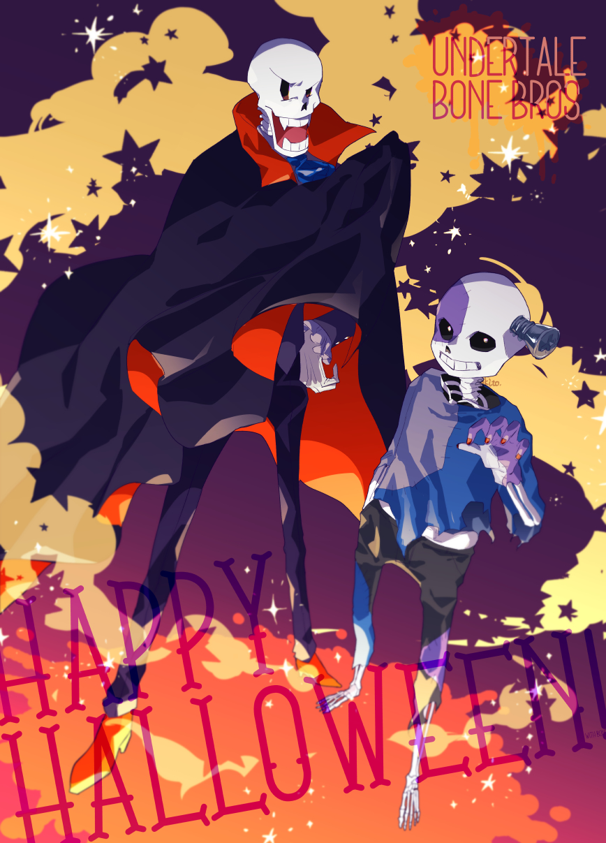 2021, 2boys, 2d, alternate_costume, black_pants, brothers, cape, copyright_name, cosplay, digital_media, duo, english_text, fangs, frankenstein's_monster_(cosplay), halloween, halloween_costume, happy_halloween, height_difference, humanoid, male, male_focus, male_only, monster, monster_boy, multicolored_background, open_mouth, pants, papyrus_(undertale), sakito_(mg_1016), sans_(undertale), siblings, skeleton, standing, star_(symbol), teeth, text, undead, undertale, utdr_(toby_fox), vampire_costume