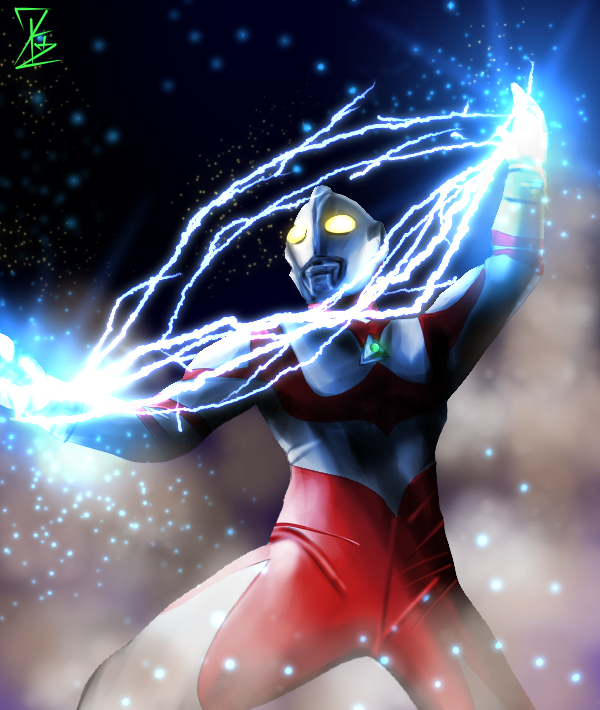 1boy, alien, arm_up, color_timer, colored_skin, commentary, cowboy_shot, dark_background