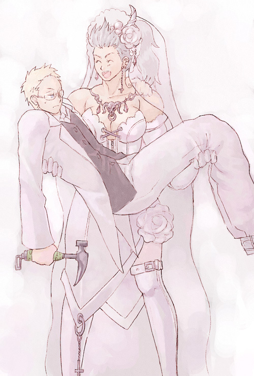 artist_request, blonde_hair, carrying, cross, dorohedoro, dress, earrings, flower, glasses, gloves, hammer, inverted_cross, jewelry, noi_(dorohedoro), open_mouth, princess_carry, role_reversal, shin, silver_hair, skull, smile, tuxedo, ushio_(siriuspika), wedding_dress