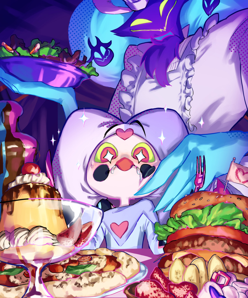 2boys, absurdres, asmodeus_(helluva_boss), blush, demon_boy, fizzarolli_(helluva_boss), food, green_eyes, gzsn8734, helluva_boss, highres, hungry, looking_at_another, looking_down, multiple_boys, pudding, saliva, smile