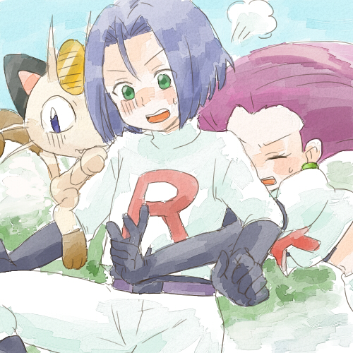 1boy, 1girl, black_gloves, blue_hair, blue_sky, bush, closed_eyes, gloves