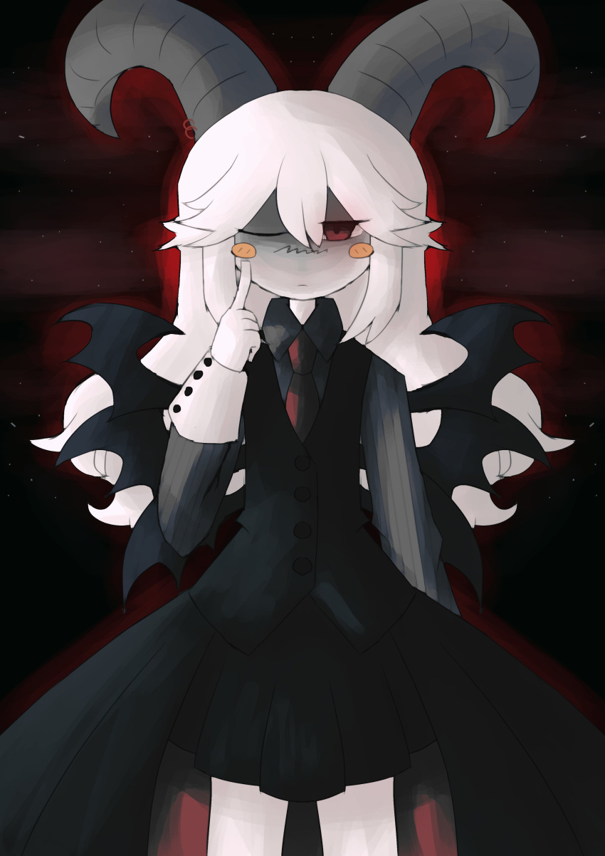 1girl, absurdres, bad_id, bad_twitter_id, black_skirt, black_vest, black_wings, blush_stickers