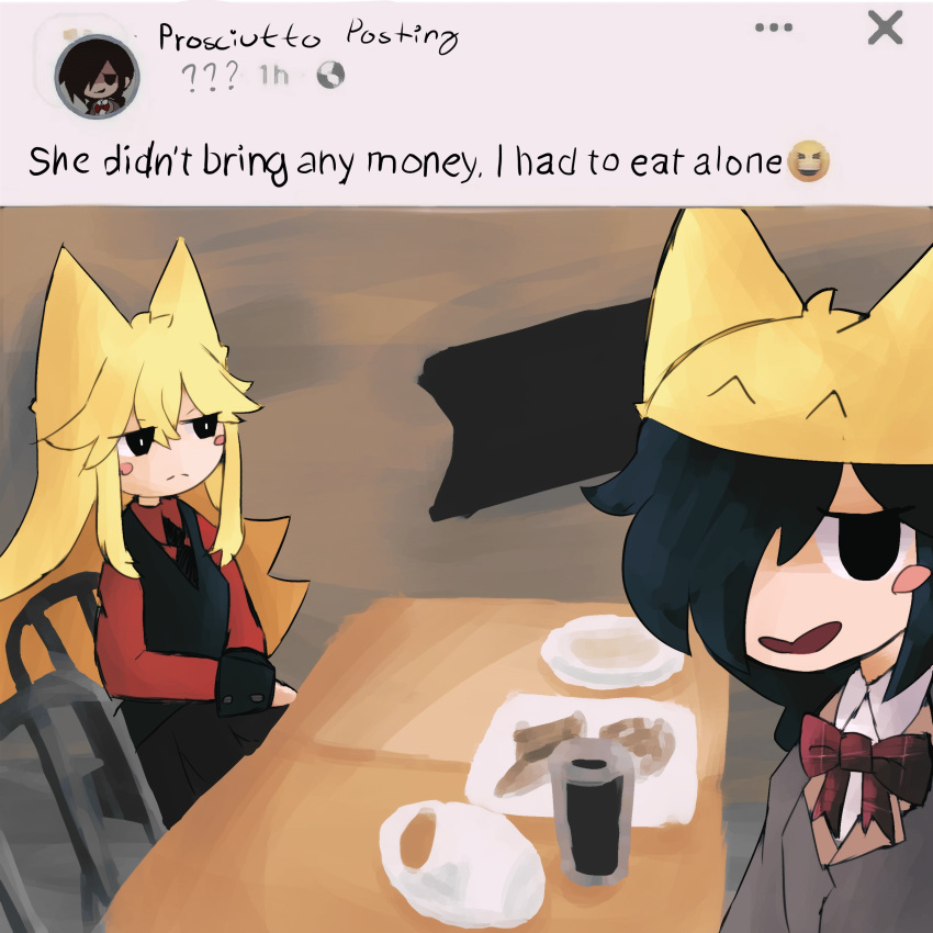 2girls, absurdres, animal_ears, bad_id, bad_twitter_id, black_eyes, black_hair, black_vest