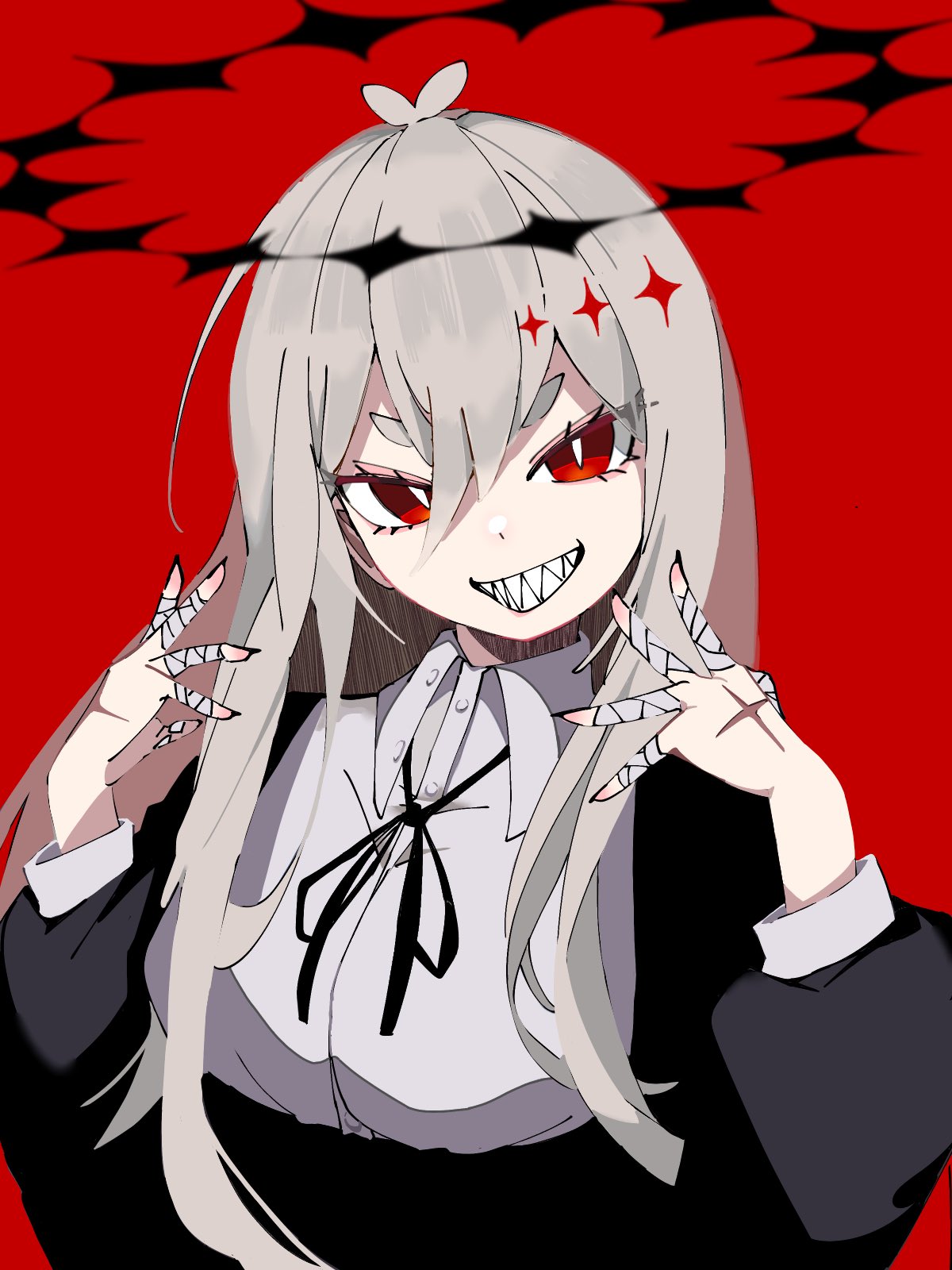 0_onibi, 1girl, antenna_hair, bandaged_fingers, bandages, black_halo, black_ribbon, breasts, bright_pupils, buttons, collared_shirt, dress_shirt, eyelashes, eyes_visible_through_hair, gekiyaku, grey_hair, grin, hair_between_eyes, halo, hands_up, highres, long_hair, long_sleeves, looking_at_viewer, medium_breasts, neck_ribbon, red_background, red_eyes, ribbon, sharp_teeth, shirt, simple_background, smile, solo, stigmata, teeth, tsurime, utau, v-shaped_eyebrows, white_pupils, white_shirt