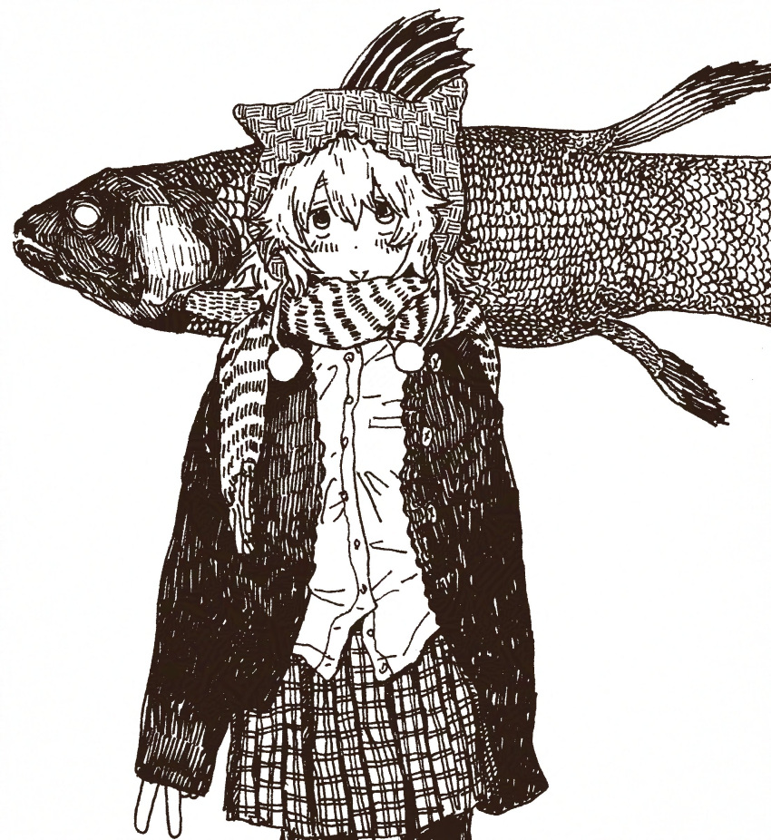 1girl, absurdres, animal, blush_stickers, cardigan, cowboy_shot, dress_shirt, fish