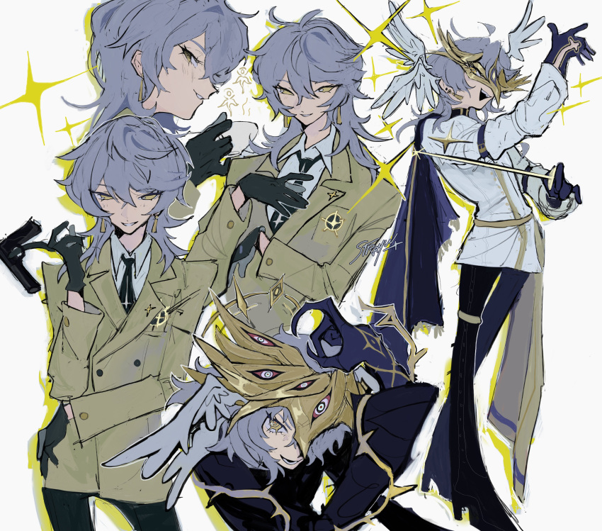 1boy, absurdres, akechi_gorou, akechi_gorou_(cosplay), alternate_costume, arm_rest, black_gloves, black_necktie, black_pants, blue_cape, brown_jacket, cape, collared_shirt, commentary, contrapposto, cosplay, crossed_legs, cup, drop_shadow, earrings, english_commentary, eyemask, feathered_wings, gloves, gold_mask, grey_hair, grin, gun, hand_on_own_chest, hand_up, handgun, hands_up, head_wings, high_heels, highres, holding, holding_cup, holding_sword, holding_weapon, honkai:_star_rail, honkai_(series), jacket, jewelry, male_focus, mask, masked, medium_hair, multiple_views, necktie, one_eye_covered, open_mouth, pants, persona, persona_5, profile, school_uniform, shirt, simple_background, smile, sparkle, strayuu, stud_earrings, sunday_(honkai:_star_rail), sword, teacup, teeth, thigh_strap, weapon, white_background, white_shirt, white_wings, wings, yellow_eyes