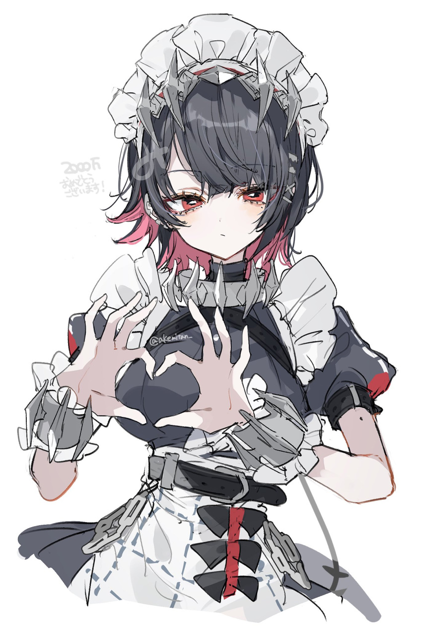 1girl, 4-finger_heart_hands, :/, apron, belt, black_belt, black_hair, breasts, chest_belt, closed_mouth, collar, colored_inner_hair, commentary_request, congratulations, cropped_torso, ellen_joe, expressionless, grey_shirt, hands_up, heart, heart_hands, highres, large_breasts, looking_at_viewer, maid, maid_headdress, mi_398, moechakkafire, multicolored_hair, pink_hair, puffy_short_sleeves, puffy_sleeves, red_eyes, shirt, short_hair, short_sleeves, simple_background, solo, spiked_collar, spikes, swept_bangs, translation_request, underbust, waist_apron, white_apron, white_background, wrist_cuffs, zenless_zone_zero