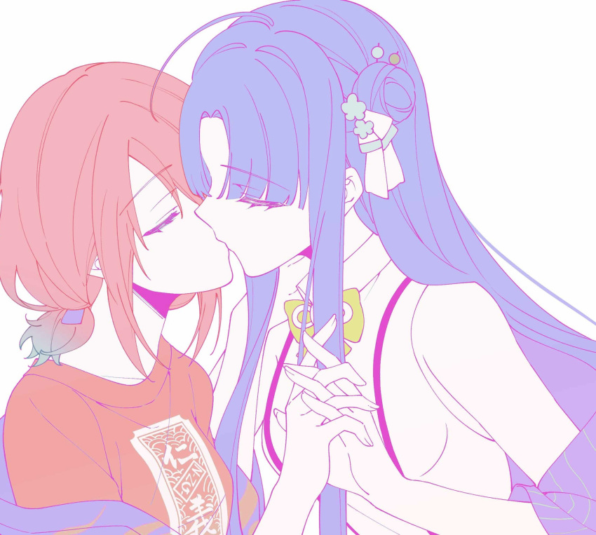 2girls, ahoge, artist_request, awa_subaru, blue_hair, bow, bowtie, colored_tips