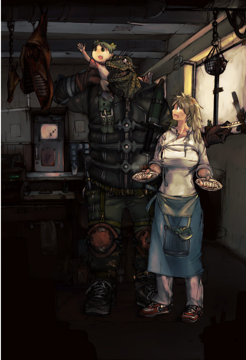 artist_request, carrying, child, crossover, dorohedoro, food, hachipuko_(hachi888), highres