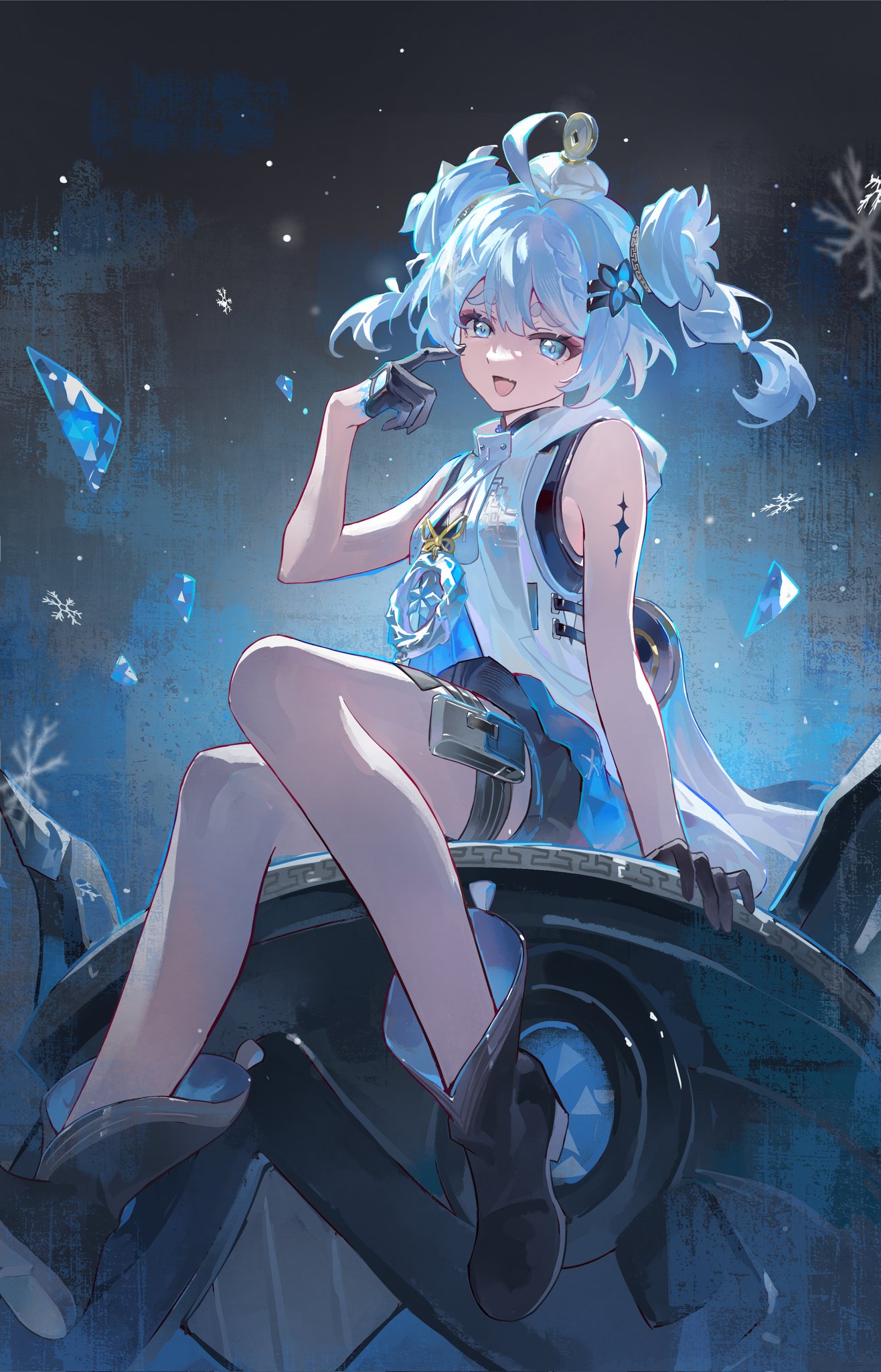 1girl, ahoge, bare_shoulders, black_footwear, black_gloves, blue_eyes, blue_hair, bolichar, boots, fang, gloves, half_gloves, hand_up, highres, looking_at_viewer, medium_hair, open_mouth, pointing, pointing_at_self, sitting, sleeveless, smile, solo, thick_eyebrows, twintails, wuthering_waves, youhu_(wuthering_waves)