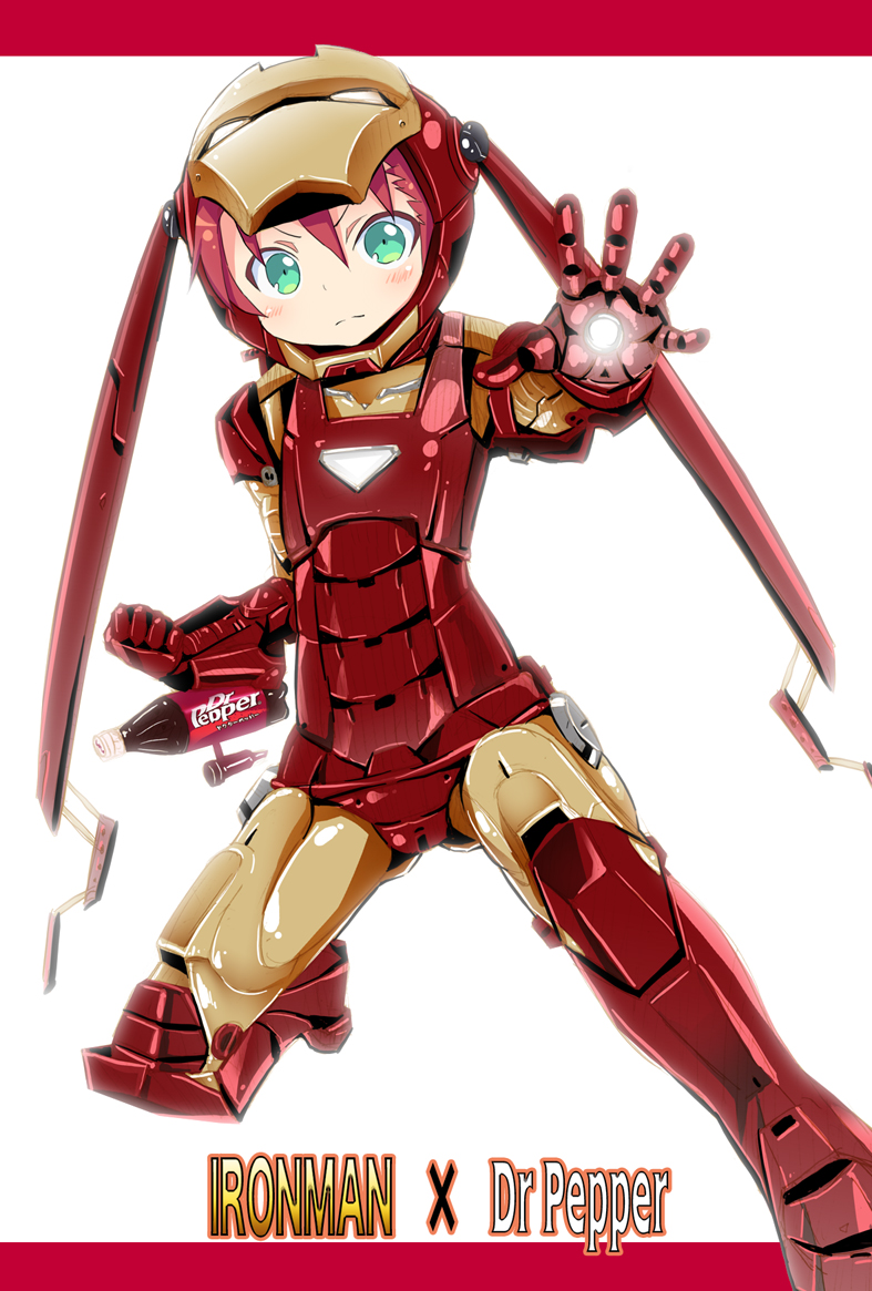 armor, blush, bottle, character_name, crossover, dr_pepper, dr_pepper-tan, green_eyes, iron_man, kishiri_toworu, kurusu_kanako, marvel, mask, ore_no_imouto_ga_konna_ni_kawaii_wake_ga_nai, outstretched_hand, pink_hair, product_girl, product_placement, red_hair, solo, twintails