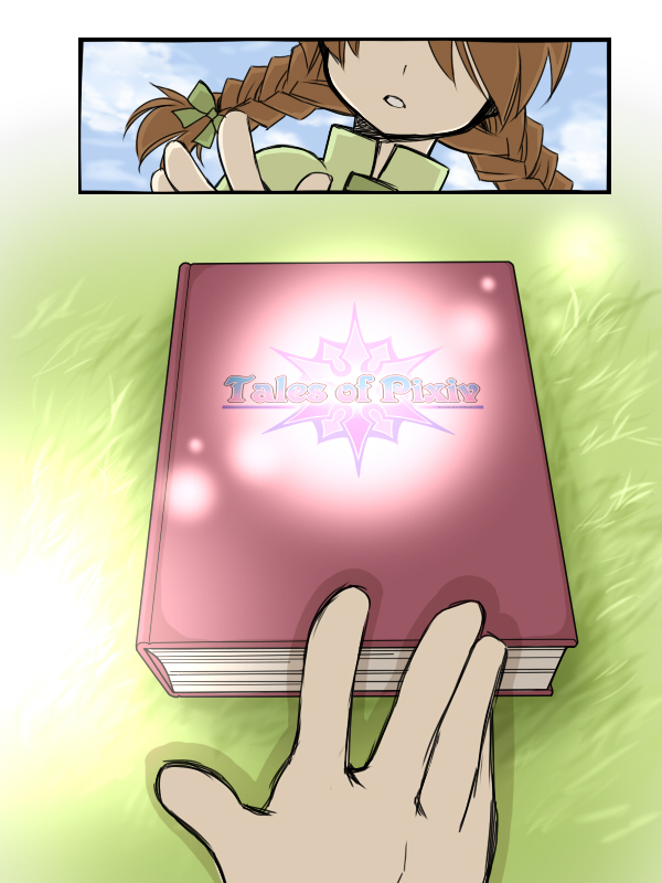 book, book_focus, braid, brown_hair, glowing, grass, green, hands