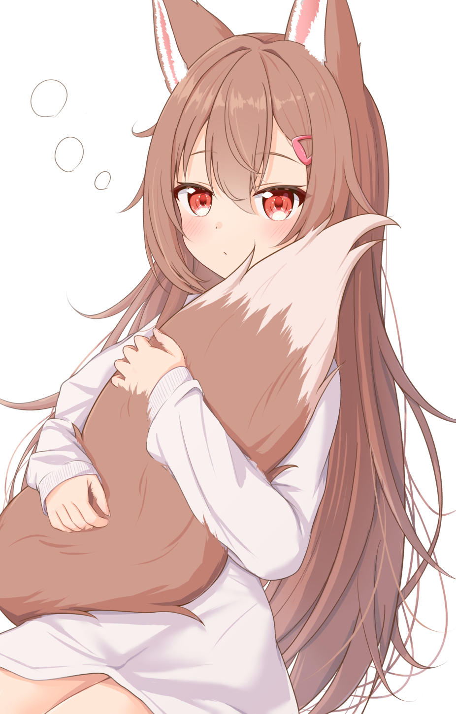 1girl, animal_ears, brown_hair, expressionless, highres, hugging_own_tail, hugging_tail, invisible_chair